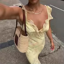 Summer Flower Printed Women's Sexy Low-cut Dress Sleeveless Backless Slim Sling Dresses 2025 Beach Vacation Lady Vestidos